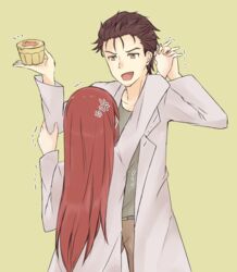  anger_vein black_hair commentary_request cowboy_shot facial_hair food green_background hand_on_another&#039;s_arm height_difference holding_hands interlocked_fingers lab_coat long_hair makise_kurisu okabe_rintarou open_mouth pants pudding red_hair shirt short_hair simple_background steins;gate stubble taunting trembling yellow_eyes yugure 