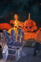  1970s_(style) 1980s_(style) 2008 bad_link bindi brown_hair carrying dark_skin dated debris dress empty_eyes female gelgoog_s_char_custom green_eyes gundam highres lalah_sune mecha mobile_suit mobile_suit_gundam official_art official_style one-eyed open_mouth promotional_art retro_artstyle robot scan science_fiction signature traditional_media yasuhiko_yoshikazu 