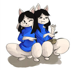  4_fingers anthro black_hair bob_(undertale) bottomless bowl brown_eyes canid canine canis clothed clothing container crouching cutlery digital_media_(artwork) domestic_cat domestic_dog duo eating feet felid feline felis female fingers food fur grey_body grey_fur hair holding_object hybrid kitchen_utensils male male/female mammal oniriceakaichi shirt simple_background spoon tem temmie_(undertale) toes tools topwear unavailable_at_source undertale undertale_(series) white_body white_fur 