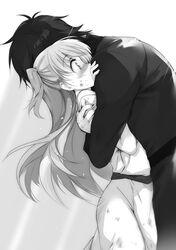  1boy blush chtholly_nota_seniorious dress female floating_hair from_side greyscale highres hug jacket leaning_back leaning_forward long_dress long_hair monochrome non-web_source novel_illustration official_art one_side_up photoshop_(medium) shuumatsu_nani_shitemasu_ka? ue willem_kmetsch 