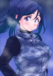  ahoge ayumu-k blue_hair blue_shirt blue_vest blush breath camouflage commentary_request expressionless female hair_between_eyes highres long_hair long_sleeves looking_at_viewer love_live! love_live!_sunshine!! matsuura_kanan ponytail purple_eyes shirt sidelocks snowing solo upper_body vest 