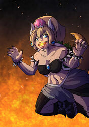  absurd_res alternative_fashion angry animal_humanoid bandeau biobasher blonde_hair blue_eyes boots bowser bowsette_meme bracelet claws clothing crown female fire footwear goth hair headgear hi_res horn humanoid jewelry koopa looking_at_viewer mario_bros mean meme midriff muscular muscular_female muscular_humanoid navel nintendo scalie solo spiked_bracelet spikes super_crown teeth topwear 