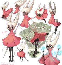  absurdres animification bodysuit boots bug butterfly character_name cloak commentary_request dark-skinned_female dark_skin dated female glowing_butterfly highres hollow_knight hornet_(hollow_knight) humanization looking_at_viewer looking_to_the_side maga_(comicfans100) multiple_views needle needle_(hollow_knight) painting_(medium) red_cloak signature sleeping smile traditional_media watercolor_(medium) weapon white_hair 