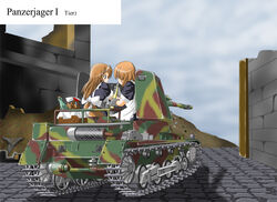  2girls ballpoint_pen_(medium) brown_eyes brown_hair cana caterpillar_tracks commentary_request day long_hair maid military military_vehicle motor_vehicle multiple_girls original panzerjager_i tank tank_destroyer traditional_media world_of_tanks 