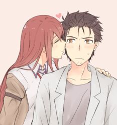  1boy black_hair blush closed_eyes collarbone collared_shirt commentary_request embarrassed facial_hair female hand_on_another&#039;s_shoulder heart imminent_kiss jacket kissing kissing_cheek lab_coat long_hair makise_kurisu messy_hair necktie off_shoulder okabe_rintarou pink_background profile red_hair shirt short_hair simple_background steins;gate straight stubble sweatdrop upper_body yellow_eyes yugure 