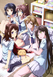  5girls :&lt; :d :o absurdres all_fours animal arm_support bang_dream! black_socks blonde_hair blue_legwear blue_shirt blush book bookshelf breasts carpet closed_eyes closed_mouth collarbone cone_hair_bun eating everyone feline food food_on_face from_behind green_eyes hair_bun hair_ornament hairclip hanasakigawa_school_uniform hanazono_tae highres holding ichigaya_arisa indoors kneehighs kneeling knees_up looking_at_viewer looking_back lying medium_breasts megami_magazine mirror multiple_girls nitta_matsuko official_art on_side open_mouth pen pink_skirt pleated_skirt ponytail poppin&#039;party purple_eyes room school_uniform serafuku sheet_music shirt short_sleeves side_ponytail sitting skirt smile socks star_(symbol) stuffed_animal stuffed_toy toyama_kasumi ushigome_rimi wariza wooden_floor x_hair_ornament yamabuki_saya yokozuwari 