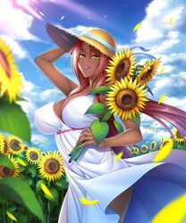  blue_sky breasts cleavage cloud collarbone commentary_request dark-skinned_female dark_skin day dress female flower hat highres holding ingrid_(taimanin_murasaki) kagami_hirotaka large_breasts lipstick long_hair looking_at_viewer makeup mole mole_under_mouth outdoors petals pink_hair sky sleeveless smile solo sun_hat sunflower sunlight taimanin_(series) white_dress yellow_eyes 