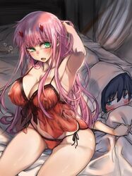  1boy ass babydoll bare_arms bare_shoulders bed_sheet black_hair blue_eyes blush breasts cleavage collarbone commentary_request couple darling_in_the_franxx female green_eyes groin hand_on_own_head herozu_(xxhrd) highres hiro_(darling_in_the_franxx) horns large_breasts long_hair looking_at_another looking_at_viewer lying oerba_yun_fang on_stomach oni_horns open_mouth panties pink_hair red_babydoll red_horns red_panties side-tie_panties sitting straight thighs underwear wide_hips zero_two_(darling_in_the_franxx) 