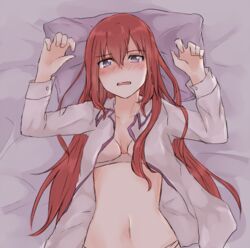  arms_up bed_sheet blush bra breasts cleavage commentary_request embarrassed female hair_between_eyes long_hair looking_at_viewer lying makise_kurisu midriff navel on_back open_clothes open_mouth open_shirt pillow purple_eyes red_hair small_breasts steins;gate underwear upper_body wavy_mouth yugure 