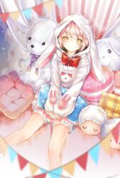  animal_hood bad_id bad_pixiv_id blurry blurry_foreground bow bowtie commentary_request cushion elsword empty_eyes eve_(elsword) expressionless facial_mark female food hood hood_up long_sleeves looking_at_viewer macaron nairofu on_floor pennant pillow pink_hair pom_pom_(clothes) purple_bow purple_bowtie rabbit_hood rabbit_pajamas red_bow red_bowtie signature sitting solo sparkle string_of_flags stuffed_animal stuffed_rabbit stuffed_sheep stuffed_toy teddy_bear tile_floor tiles yellow_eyes 