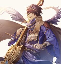  1boy brown_eyes brown_hair cape elta_(granblue_fantasy) granblue_fantasy hairband instrument jewelry male_focus mmytwi open_mouth protected_link scarf short_hair smile solo 