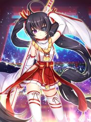  &gt;:( absurdly_long_hair ahoge arm_up black_hair blurry blurry_background breasts closed_mouth code_of_joker commentary_request contrapposto detached_sleeves diffraction_spikes emia_(castilla) eyepatch female floating_hair frown glowing hair_between_eyes hair_ornament hair_ribbon head_tilt highres hip_vent holding holding_sword holding_weapon huge_ahoge legs_apart long_hair looking_at_viewer miniskirt multicolored_ribbon nontraditional_miko pleated_skirt purple_eyes red_ribbon red_skirt ribbon ribbon-trimmed_sleeves ribbon_trim rope scabbard serious sheath sheathed shide shimenawa sideboob skirt small_breasts solo sparkle standing sword tassel thighhighs torii twintails v-shaped_eyebrows very_long_hair weapon white_thighhighs yellow_ribbon 