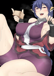  animal_ears armpit_peek bare_legs bare_shoulders black_background blue_eyes blue_hair blush bodysuit braid breasts breath bridal_gauntlets chains collar commentary_request covered_nipples crotch_seam cup female hair_between_eyes half-closed_eyes hands_up highres hip_focus holding holding_cup impossible_clothes karulau knee_up large_breasts long_hair looking_at_viewer metal_collar nicutoka open_mouth sideboob simple_background sitting skin_tight sleeveless smile solo sweat teasing thighs utawarerumono 