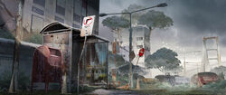  bird bridge building car city commentary_request grass jongmin lamppost motor_vehicle no_humans original outdoors overgrown photoshop_(medium) post-apocalypse postbox_(outgoing_mail) road road_sign ruins scenery sign sky street tree 