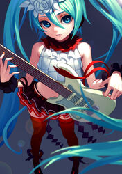  aqua_hair arm_ribbon bare_shoulders belt black_panties black_ribbon black_skirt bless_you_(module) blue_eyes blue_hair blurry commentary crop_top depth_of_field diamond_(shape) electric_guitar female fkey flat_chest flower frills from_above guitar hair_between_eyes hair_flower hair_ornament hatsune_miku headphones highleg highleg_panties highres holding instrument layered_skirt legs_apart lens_flare long_hair looking_at_viewer midriff miniskirt nail_polish navel nisoku_hokou_(vocaloid) orange_nails panties parted_lips photoshop_(medium) project_diva_(series) project_diva_f_2nd red_nails red_ribbon red_thighhighs ribbon shade shoes skirt sleeveless solo standing stomach thighhighs twintails underwear very_long_hair vocaloid white_flower wrist_cuffs 