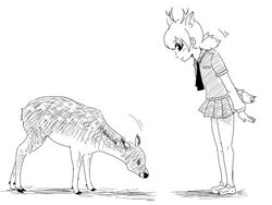  2015 4:3 adolescent ambiguous_gender animal_humanoid antlers biped black_and_white bottomwear bowing breasts cervine cervine_humanoid clothing cloven_hooves deer deer_humanoid digital_drawing_(artwork) digital_media_(artwork) duo female feral footwear full-length_portrait fur hatching_(art) hooves horn human_and_animal_ears humanoid japanese kemono_friends kurageto larger_female leaning leaning_forward looking_at_another looking_down low_res mammal mammal_humanoid monochrome motion_lines multi_ear necktie pleated_skirt portrait quadruped shaded shadow shirt shoes short_tail side_view sika_deer sika_deer_(kemono_friends) simple_background size_difference skirt small_breasts smaller_ambiguous smile snout standing tail topwear twintails white_background young young_female young_humanoid 