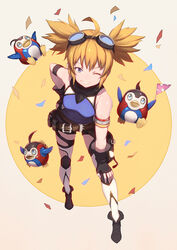  ahoge animal ankle_boots armband armlet belt belt_buckle belt_pouch bird black_footwear black_gloves blonde_hair blue_eyes boots breasts buckle circle commentary_request confetti female fingerless_gloves flag full_body gloves goggles goggles_on_head granblue_fantasy grin hand_on_own_hip hand_on_own_knee holding knee_pads leaning_forward legs_apart looking_at_viewer one_eye_closed othel_(hatimorris) penguin pengy_(granblue_fantasy) photoshop_(medium) pouch short_twintails sidelocks sleeveless small_breasts smile twintails white_legwear 