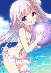  ball beachball bikini bikini_skirt chitosezaka_suzu cloud commentary_request day female flat_chest garter_straps gotou_jun holding leaning_forward long_hair navel ocean one_side_up open_mouth outdoors purple_eyes purple_hair ribbon sky smile solo stomach swimsuit tenshi_no_3p! thigh_strap very_long_hair white_bikini 