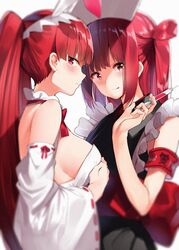  2girls :q animal_ears armband bare_shoulders beatmania_iidx blush breasts commentary_request detached_sleeves fake_animal_ears frills hair_ornament hairband hand_on_own_chest hat highres holding holding_syringe konoha_(sound_voltex) long_hair looking_at_viewer multiple_girls nontraditional_miko nurse_cap obi orihi_chihiro parted_lips rabbit_ears red_eyes red_hair ribbon sash sidelocks sleeveless smile sound_voltex syringe tongue tongue_out twintails two_side_up umegiri_ameto upper_body very_long_hair 