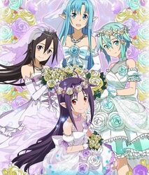  1boy 3girls androgynous aqua_eyes aqua_hair asuna_(sao) asuna_(sao-alo) black_eyes black_hair blue_eyes blue_hair bouquet bridal_veil crossdressing diadem dress flower head_wreath kirito kirito_(sao-ggo) long_hair multiple_girls official_art purple_hair red_eyes rose shinon_(sao) short_hair sword_art_online sword_art_online:_code_register trap wedding_dress yuuki_(sao) 