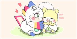  2017 anthro blue_body blue_feathers blush closed_eyes clothed clothing cocotama duo feathers featureless_limbs female fur green_eyes happy hatori heart_symbol hi_res himitsu_no_cocotama male multicolored_body multicolored_feathers multicolored_fur mush_mukunnu nikori_(cocotama) panties red_body red_feathers simple_background sitting smile tan_background toddler two_tone_body two_tone_fur underwear white_body white_feathers white_fur yellow_body yellow_feathers yellow_fur young young_anthro 