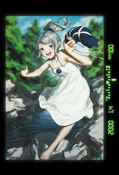  alternate_costume bad_id bad_pixiv_id blush border brown_eyes collarbone commentary congming_lan contemporary dress female film_grain flat_chest grass grey_hair happy hat high_ponytail highres long_hair mononobe_no_futo outdoors ponytail rock sandals scrunchie sleeveless sleeveless_dress solo stream touhou unworn_hat unworn_headwear viewfinder white_dress 