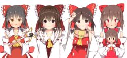  5girls akabeco benikurage_(cookie) black_hair blush bow breasts brown_eyes brown_hair cleavage closed_mouth collarbone commentary_request cookie_(touhou) hair_tubes hairbow hakurei_reimu highres kanna_(cookie) large_breasts looking_at_viewer multiple_girls parted_lips paw_pose red_bow red_eyes reu_(cookie) sakenomi_(cookie) sananana_(cookie) short_hair smile touhou triangle_mouth wand yin_yang 