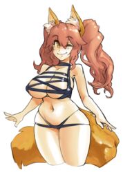  animal_ears bare_shoulders borvar breasts brown_eyes commentary_request fate/extra fate_(series) female fox_ears fox_tail highres large_breasts looking_at_viewer meme_attire navel one_eye_closed orange_tail red_hair rei_no_mizugi simple_background skindentation smile solo tail tamamo_(fate) tamamo_no_mae_(fate/extra) thighs white_background 