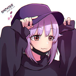  :3 arms_up black_coat black_surgical_mask character_name chromatic_aberration closed_mouth coat color_guide commentary_request dated female hands_on_headwear hat highres idolmaster idolmaster_cinderella_girls koshimizu_sachiko light_purple_hair long_sleeves madarame_(mdrm89) mask mask_pull mouth_mask purple_hat red_eyes short_hair simple_background sleeves_past_wrists solo surgical_mask white_background 