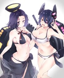  2girls alternate_costume armpits bad_id bad_pixiv_id bare_shoulders bikini black_bikini blush breasts checkered_necktie cleavage crop_top eyebrows eyepatch eyes_visible_through_hair finger_to_mouth hair_between_eyes halo halterneck hand_on_another&#039;s_hip hand_on_own_chest headgear highres kantai_collection large_breasts looking_at_viewer machinery mechanical_halo multiple_girls navel necktie official_alternate_costume open_mouth purple_eyes purple_hair sarong see-through short_hair sideboob skindentation smile soroco stomach swimsuit tatsuta_(kancolle) tatsuta_(swimsuit_mode)_(kancolle) tenryuu_(kancolle) tenryuu_(swimsuit_mode)_(kancolle) v w white_bikini 