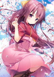  banned_artist blush boots cherry_blossoms cross-laced_footwear flower hair_ribbon hakama japanese_clothes kamikaze_(kantai_collection) kantai_collection konomi_(kino_konomi) lace-up_boots long_hair looking_at_viewer meiji_schoolgirl_uniform petals pink_hakama purple_eyes purple_hair ribbon solo yellow_ribbon 