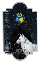  2017 absurd_res alpha_channel anthro armor badge bluwolfie42 canid canine canis clothed clothing collar dark detailed_background digital_media_(artwork) duo english_text feral forest fur game_of_thrones ghost hair hi_res holding_melee_weapon holding_object holding_sword holding_weapon jon_snow knight male mammal melee_weapon outside plant snow spirit standing sword text tree warrior weapon white_body white_fur winter wolf 