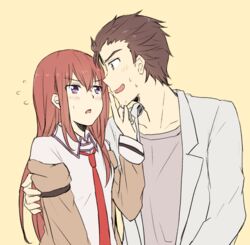  1boy arm_around_back black_hair blush breasts collarbone collared_shirt commentary_request facial_hair female finger_to_another&#039;s_mouth flying_sweatdrops jacket lab_coat long_hair long_sleeves makise_kurisu messy_hair necktie off_shoulder okabe_rintarou open_mouth orange_background profile purple_eyes red_hair shirt short_hair simple_background small_breasts steins;gate stubble sweatdrop upper_body yellow_eyes yugure 