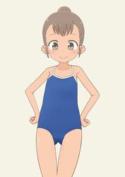  bare_arms bare_legs bare_shoulders blush brown_hair closed_mouth collarbone female female flat_chest full_body gluteal_fold lolicon looking_at_viewer looking_down one-piece_swimsuit original simple_background smile solo swimsuit tan thigh_gap tomboo 