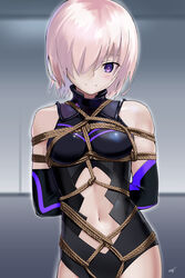  armor arms_behind_back bare_shoulders between_breasts black_armor black_gloves black_leotard blurry bondage bondage bondage bound bound_arms bound_torso breast_bondage breasts closed_mouth clothing_cutout commentary cowboy_shot depth_of_field elbow_gloves fate/grand_order fate_(series) female gloves gorget hair_over_one_eye highres indoors leotard light_purple_hair light_smile linea_alba looking_at_viewer mash_kyrielight navel navel_cutout outline pale_skin purple_eyes purple_gloves rope sharpffffff shibari_over_clothes short_hair signature skindentation small_breasts smile solo standing stomach straight_hair 