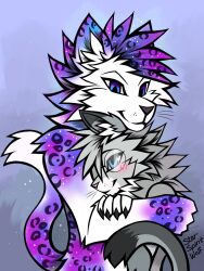  2025 absurd_res anthro astra_(astra_the_kitty) black_nose blue_eyes blush chin_on_head claws cuddling digital_media_(artwork) dipstick_ears dipstick_tail domestic_cat duo ear_markings egyptian_mau eyewear felid feline felis femboy fur glasses grey_body hair hi_res hug hugging_another hybrid leopard_spots looking_at_another looking_at_partner male male/male mammal markings multicolored_ears nixuelle nude nude_anthro nude_male pantherine pink_nose simple_background size_difference smile snow_leopard spots spotted_markings star_pattern starspiritwolf tail tail_markings tuft 