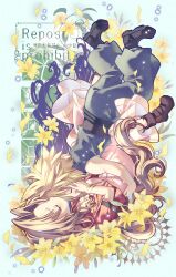  1boy absurdres aerith_gainsborough arestear0701 arm_around_waist artist_name baggy_pants bangle belt black_boots blonde_hair blue_pants blue_shirt boots bracelet breasts brown_belt brown_boots brown_hair choker closed_eyes cloud_strife couple cropped_jacket dress falling_flower falling_petals female final_fantasy final_fantasy_vii final_fantasy_vii_rebirth final_fantasy_vii_remake flower flower_choker full_body hand_on_another&#039;s_cheek hand_on_another&#039;s_face highres jacket jewelry kissing kissing_forehead light_blush lily_(flower) long_dress long_hair medium_breasts multiple_belts pants parted_bangs petals pink_dress red_jacket shirt short_hair short_sleeves sidelocks sleeveless sleeveless_turtleneck spiked_hair straight turtleneck wavy_hair yellow_flower yellow_petals 