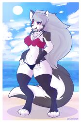  anthro beach bikini bikini_bottom bikini_top breasts canid canid_demon canine canis clothing cloud collar demon female fur grey_body grey_fur grey_hair hair hellaverse hellhound helluva_boss hi_res korick17 loona_(helluva_boss) mammal mythological_canine mythological_creature mythology open_mouth red_sclera sea sky skyscape solo spiked_collar spikes sun swimwear thick_thighs two-piece_swimsuit water white_body white_fur wolf 