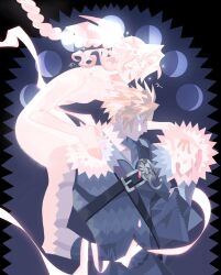  1boy aerith_gainsborough armor black_border black_gloves black_vest blonde_hair blue_eyes border braid braided_ponytail breasts chest_strap closed_eyes cloud_strife female fenrir_(final_fantasy) final_fantasy final_fantasy_vii final_fantasy_vii_advent_children gloves glowing_hands grey_background hair_between_eyes hair_ribbon hand_on_another&#039;s_shoulder highres jaysoysaucee long_hair medium_breasts moon_phases parted_bangs pauldrons pink_ribbon ribbon short_hair shoulder_armor sidelocks single_bare_shoulder single_braid single_pauldron sparkle spiked_hair spirit straight tears upper_body vest 