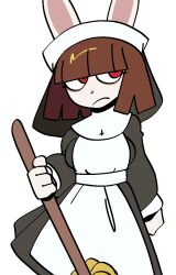  2025 anthro bangs broom brown_hair cleaning_tool clothed clothed_anthro clothed_female clothing cross digital_drawing_(artwork) digital_media_(artwork) female female_anthro fur grey_clothing hair hi_res holding_broom holding_cleaning_tool holding_mop holding_object inverted_cross lagomorph leporid mammal mop mouth_closed nun nun_outfit portrait rabbit red_eyes simple_background solo white_background white_body white_clothing white_fur white_sclera xarop77 