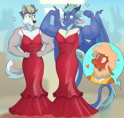  abs anthro back_wings blue_body blue_highlights blue_scales blush blush_lines bovid brown_body brown_fur brown_highlights canid canine canis caprine clothing curly_hair curved_horn dani_(heresvix) dragon dress flexing flexing_bicep flexing_both_biceps fur green_hair grey_body grey_fur grey_hair group hair half-closed_eyes henri_(heresvix) heresvix hi_res highlights_(coloring) horn male mammal membrane_(anatomy) membranous_wings muscle_tone muscular muscular_anthro muscular_male mythological_creature mythological_scalie mythology narrowed_eyes pecs scales scalie sheep smile smirk smug smug_face tail tail_tuft tan_hair tight_clothing trio tuft vallon white_body white_fur wide_eyed wings wolf 