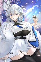  absurdres arm_support black_thighhighs blue_flower blue_sky breasts cloud commentary_request covered_navel cup day dress female flower garter_straps goddess_of_victory:_nikke grey_hair hair_flower hair_intakes hair_ornament hand_up highres holding holding_cup large_breasts long_hair looking_at_viewer mole mole_under_eye outdoors petals purple_eyes skindentation sky smile snow_crane_(nikke) solo sunameri_(pixiv3564245) thighhighs very_long_hair white_dress 