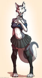  2026 anthro arcr-cric bottomwear breasts canid canid_demon canine cellphone claws clothing collar crop_top demon digital_media_(artwork) ear_piercing ear_ring electronics female front_view full-length_portrait fur grey_body grey_fur hellaverse hellhound helluva_boss hi_res holding_object holding_phone leg_warmers legwear loona_(helluva_boss) mammal mythological_canine mythological_creature mythology notched_ear paws phone piercing portrait red_sclera ring_piercing shirt signature simple_background skirt smartphone solo spiked_collar spikes standing tail toe_claws topwear whiskers white_background white_body white_fur 