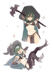  absurdres artist_name bikini bikini_top_only black_bikini black_boots black_hat boots breasts cape closed_eyes closed_mouth commentary female fingernails green_cape green_eyes green_hair hat highres holding holding_staff kaphrin looking_at_viewer medium_breasts navel open_mouth pelvic_curtain petals red_nails short_hair simple_background staff stomach swimsuit unicorn_overlord white_background witch_hat yahna_(unicorn_overlord) 