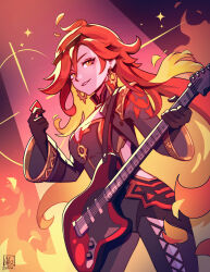  alina_l biker_clothes bikesuit black_bodysuit black_gloves black_jacket blonde_hair bodysuit clothing_cutout colored_inner_hair commentary cowboy_shot cropped_jacket earrings english_commentary eyewear_on_head female fire genshin_impact gloves gold_trim guitar hair_between_eyes hand_up highres holding holding_guitar holding_instrument holding_plectrum instrument jacket jewelry long_hair long_sleeves looking_at_viewer mavuika_(genshin_impact) multicolored_hair open_clothes open_jacket orange_eyes parted_lips plectrum red_hair side_cutout signature smile solo sparkle standing sun_earrings sunglasses thigh_cutout twitter_username 