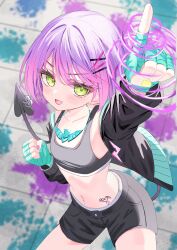  absurdres black_jacket black_shorts black_sports_bra breasts commentary cosplay demon_girl demon_tail ed_(street_fighter) ed_(street_fighter)_(cosplay) energy_fist female gradient_hair green_eyes hair_ornament hairclip hand_wraps highres hololive jacket jewelry looking_at_viewer multicolored_hair navel navel_piercing necklace oerba_yun_fang open_clothes open_jacket open_mouth piercing pink_hair pointing pointing_at_viewer purple_hair short_hair shorts skin_fang small_breasts smile solo sports_bra stomach stomach_tattoo street_fighter street_fighter_6 tail tail_ornament tail_piercing takka_(tktk1111111) tattoo tokoyami_towa two-tone_hair virtual_youtuber 