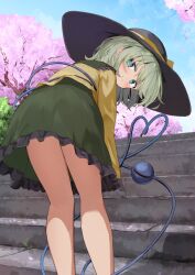  black_hat blue_sky blush cherry_blossoms closed_mouth commentary_request day falling_petals female frilled_skirt frills green_eyes green_hair hat hat_ribbon heart heart_of_string highres kirikaze_ren komeiji_koishi leaning_forward long_sleeves looking_at_viewer looking_back medium_hair outdoors petals pink_petals ribbon shirt skirt sky smile solo stairs thighs touhou yellow_ribbon yellow_shirt 