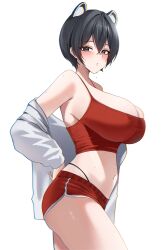  absurdres animal_ears blue_archive blush breasts camisole commentary crop_top crossed_bangs dolphin_shorts duplicate female from_side hair_between_eyes hand_on_own_hip highleg highleg_panties highres huge_breasts looking_at_viewer navel off_shoulder open_clothes open_shirt panties panty_straps pynkmouth raccoon_ears raccoon_girl red_camisole shirt short_hair short_shorts shorts simple_background solo stomach tsubaki_(blue_archive) underwear white_background white_shirt 