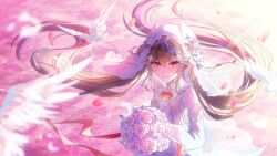  absurdres bird black_hair bouquet bridal_veil bride commentary_request detached_sleeves dress female flower highres holding holding_bouquet long_hair looking_at_viewer lucia:_pyroath_(love's_dawn)_(pgr) lucia:_pyroath_(pgr) lucia_(pgr) multicolored_hair petals pink_eyes pink_streaks punishing:_gray_raven smile solo streaked_hair twintails two-tone_hair user_wmde5525 veil very_long_hair wedding wedding_dress white_dress 