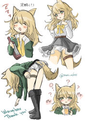  absurdres alcohol animal_ears arknights artist_name beer bent_over black_skirt blonde_hair blush choker closed_eyes commentary_request commission dog_ears dog_girl dog_tail drunk english_text female green_eyes green_jacket half-closed_eyes highres jacket looking_at_viewer medium_hair mei_aksss open_clothes open_jacket panties podenco_(arknights) ribbon see-through_clothes shirt skirt tail translation_request twitter_username underwear watermark white_background white_panties white_shirt yellow_ribbon zzz 
